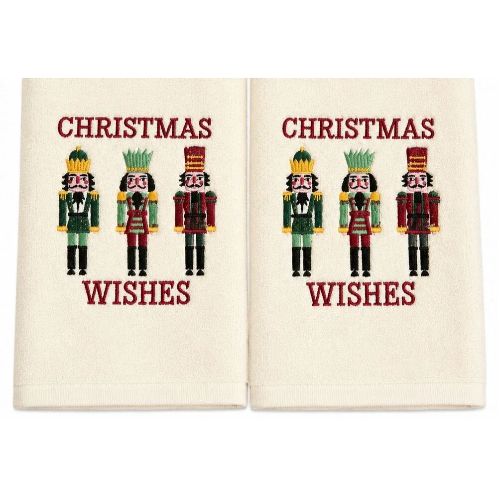 Christmas Nutcracker Hand Towels Set of 2 Embroidered Christmas Wishes Ivory